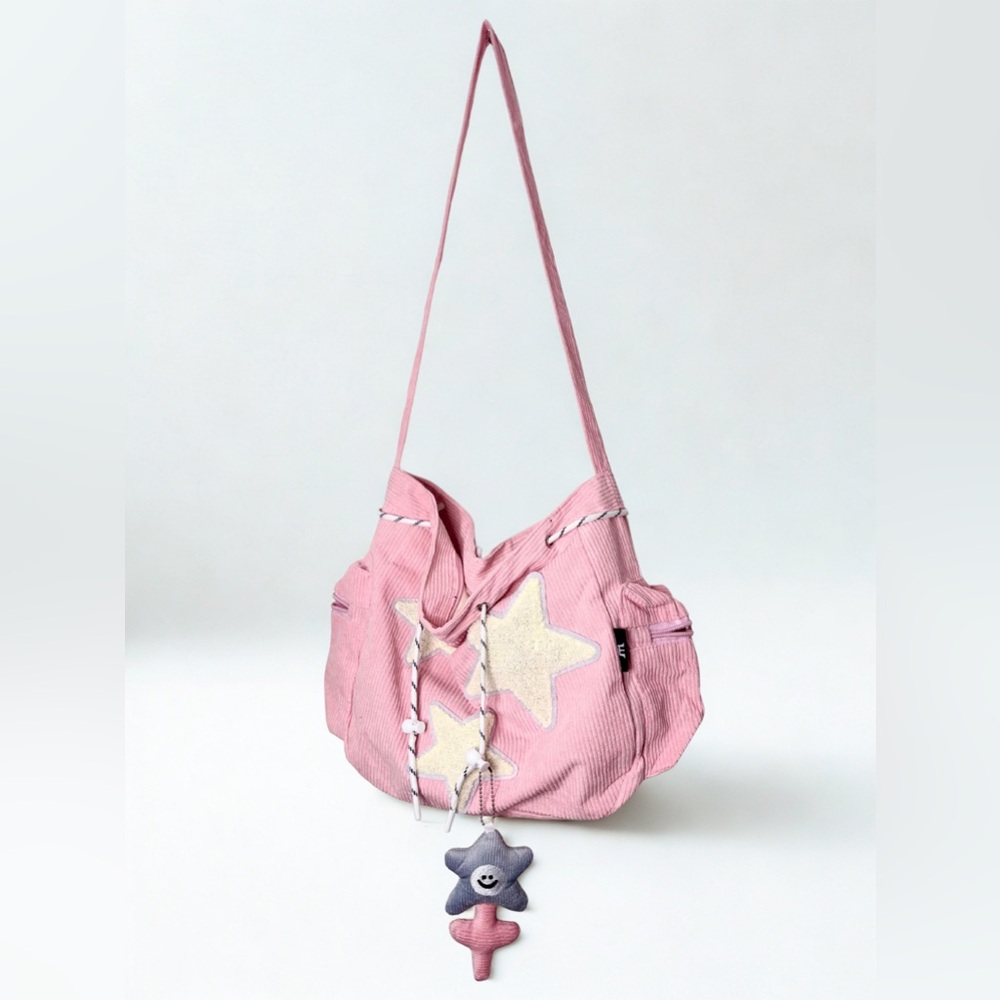 Pink Star Appliqué Corduroy Shoulder Bag Kawaii Tote - Picture 2 of 6